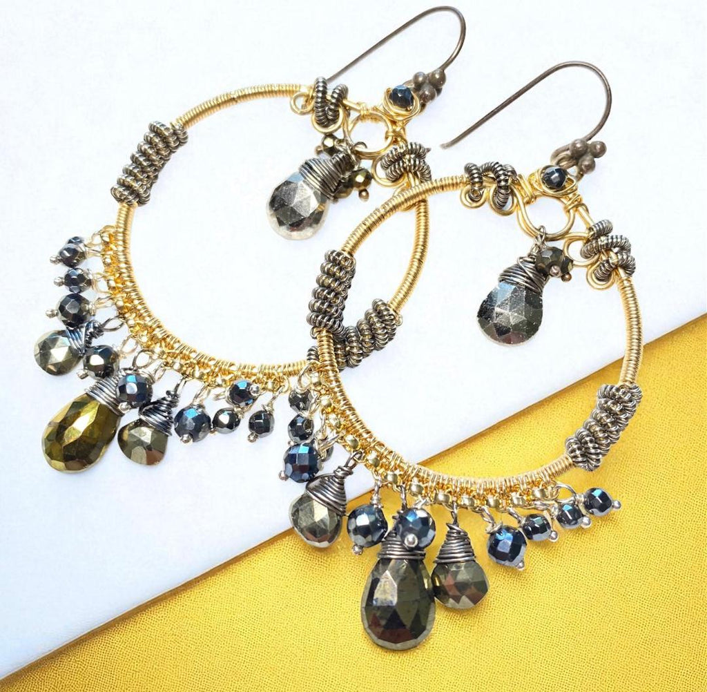 Gold Hoop Earrings with Pyrite Mixed Metals Coiled Silver