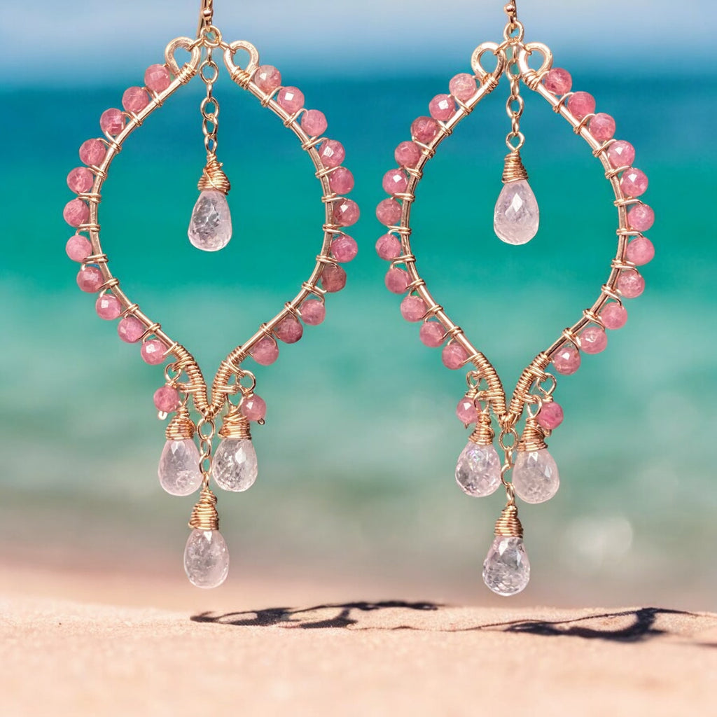Pink Tourmaline and Morganite Rose Gold Hoop Chandelier Earrings