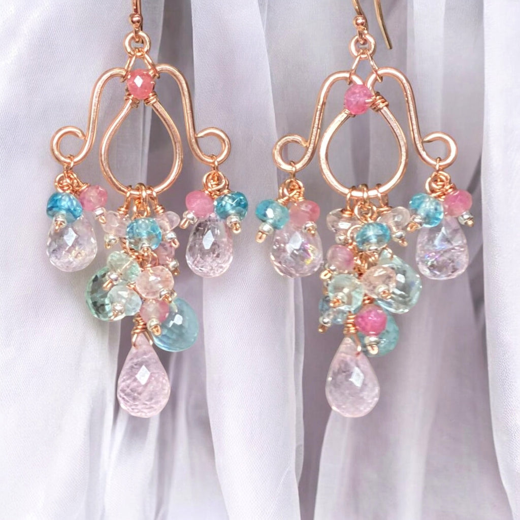 Aquamarine, Morganite Gemstone Chandelier Earrings in Rose Gold Fill