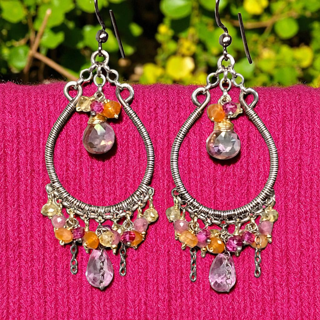 Multi-color Gemstone Hoop Chandelier Earrings in Mixed Metals
