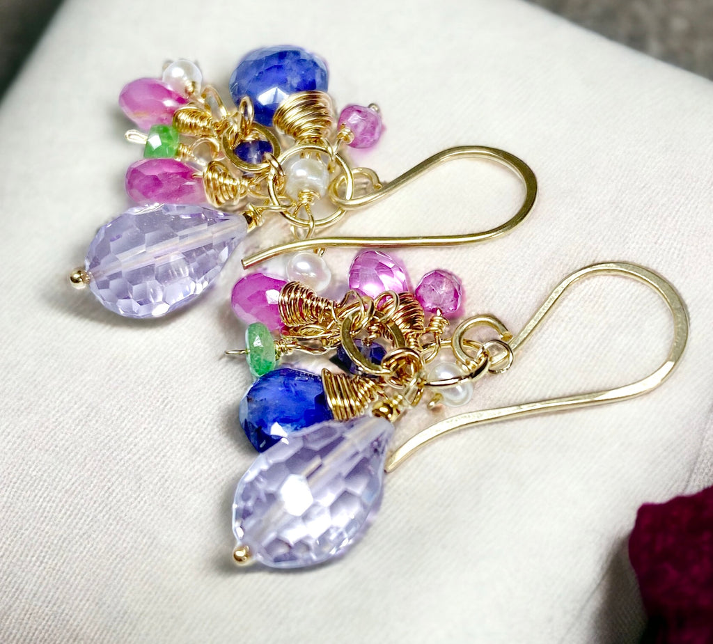 Multicolor Gemstone Dangle Earrings Pink Sapphire Gold Fill