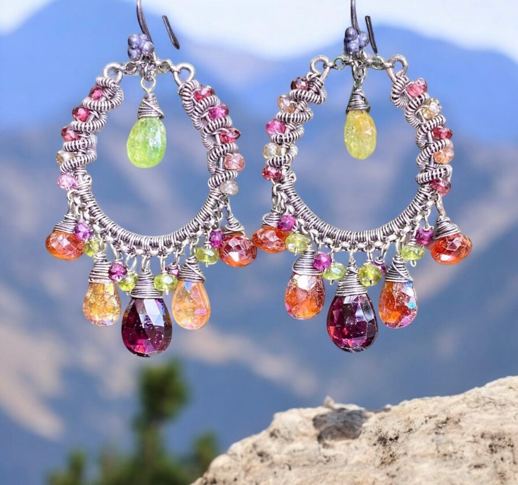 Multi-color Garnet Chandelier Hoop Earrings Coiled Oxidized Sterling Silver