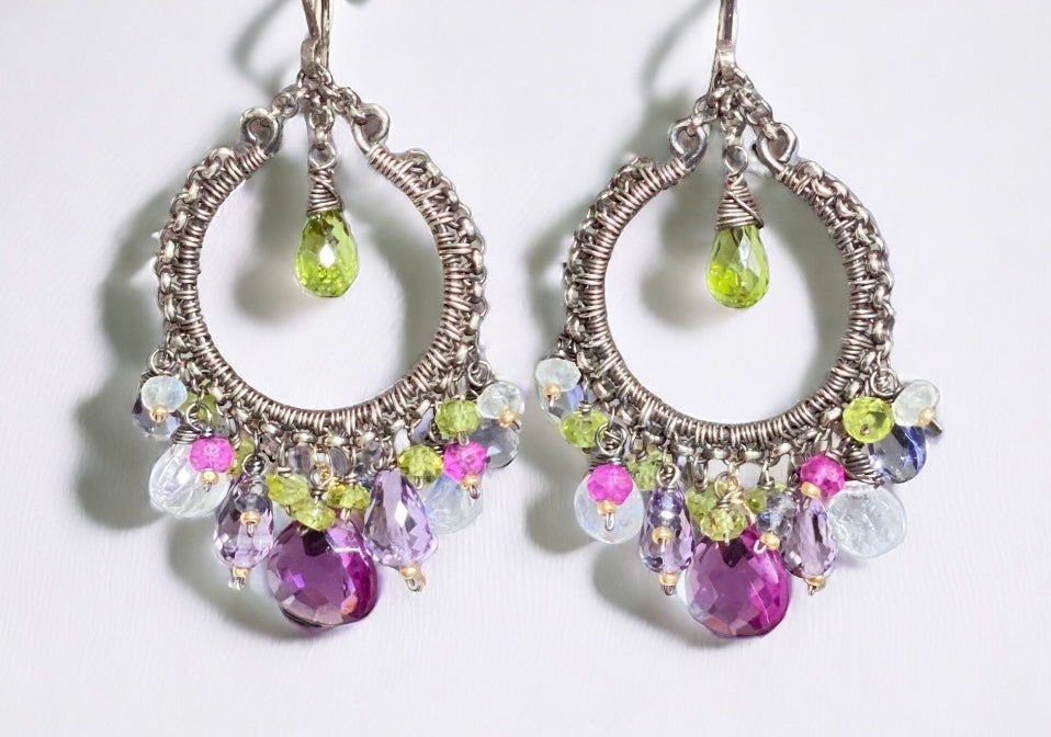 Multi Gemstone Chandelier Hoop Earrings - Peridot Lavender Violet