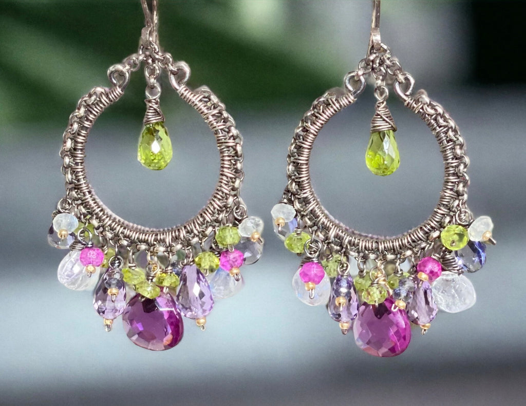 Multi Gemstone Chandelier Hoop Earrings - Peridot Lavender Violet