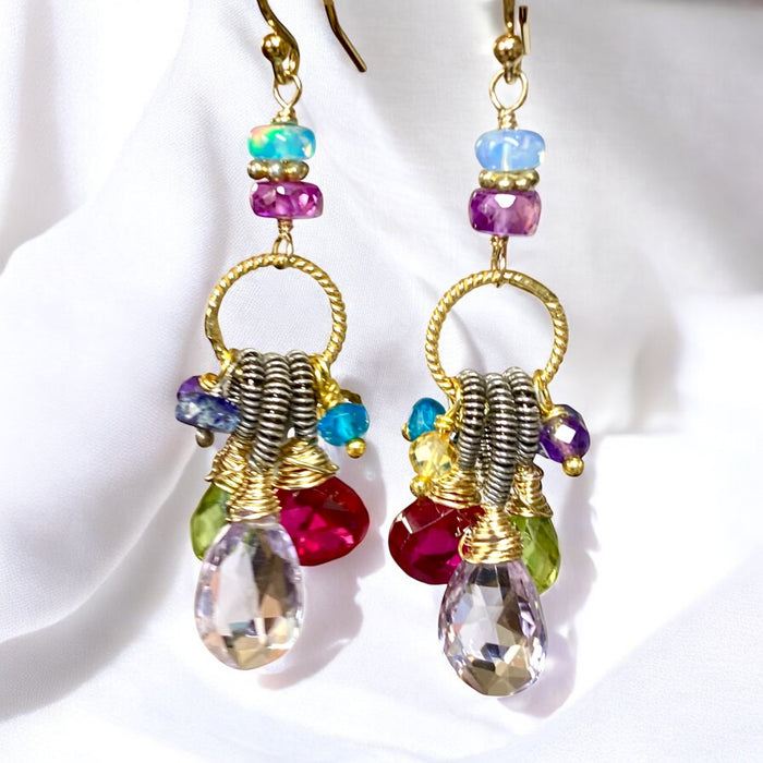 Multi Gemstone Dangle Earrings, Coiled Oxidized Silver Wire, Handmade