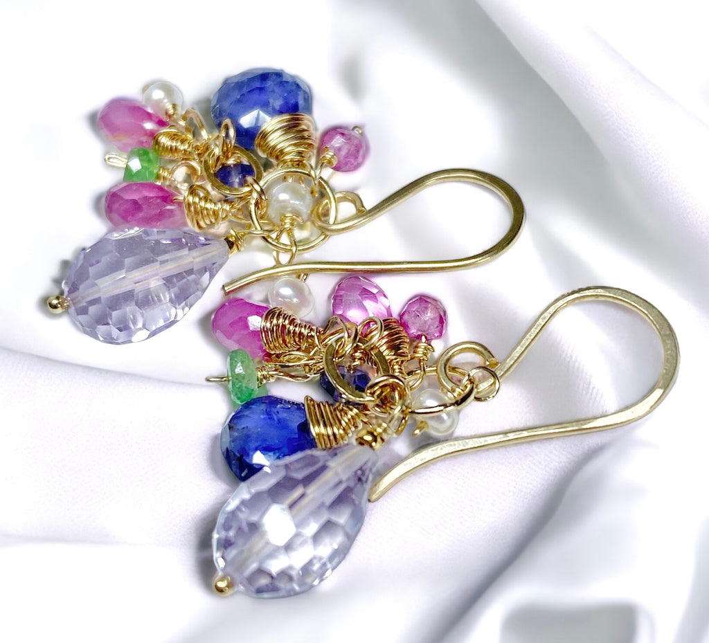 Multicolor Gemstone Dangle Earrings Pink Sapphire Gold Fill