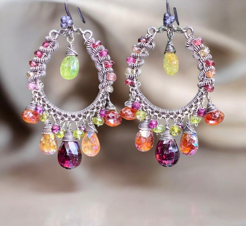 Multi-color Garnet Chandelier Hoop Earrings Coiled Oxidized Sterling Silver