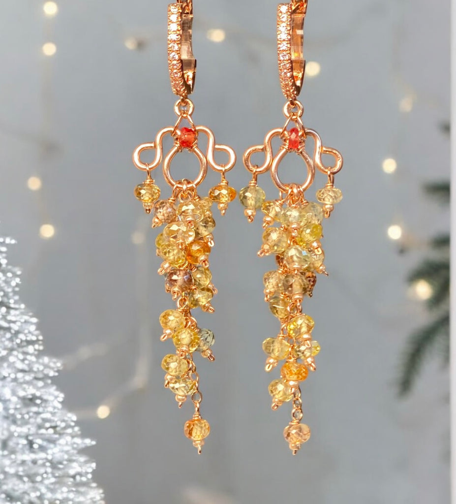 Natural Gemstone Zircon Cluster Dangle Earrings Rose Gold Fill