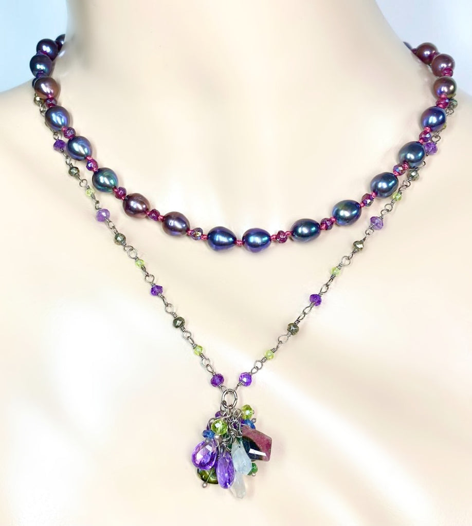 Amethyst, Tourmaline Gem Cluster Pendant Necklace, Rosary Style, Oxidized Silver