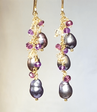 Peacock Edison Pearl Dainty Dangle Earrings with Amethyst, Garnet, Herkimer Diamonds