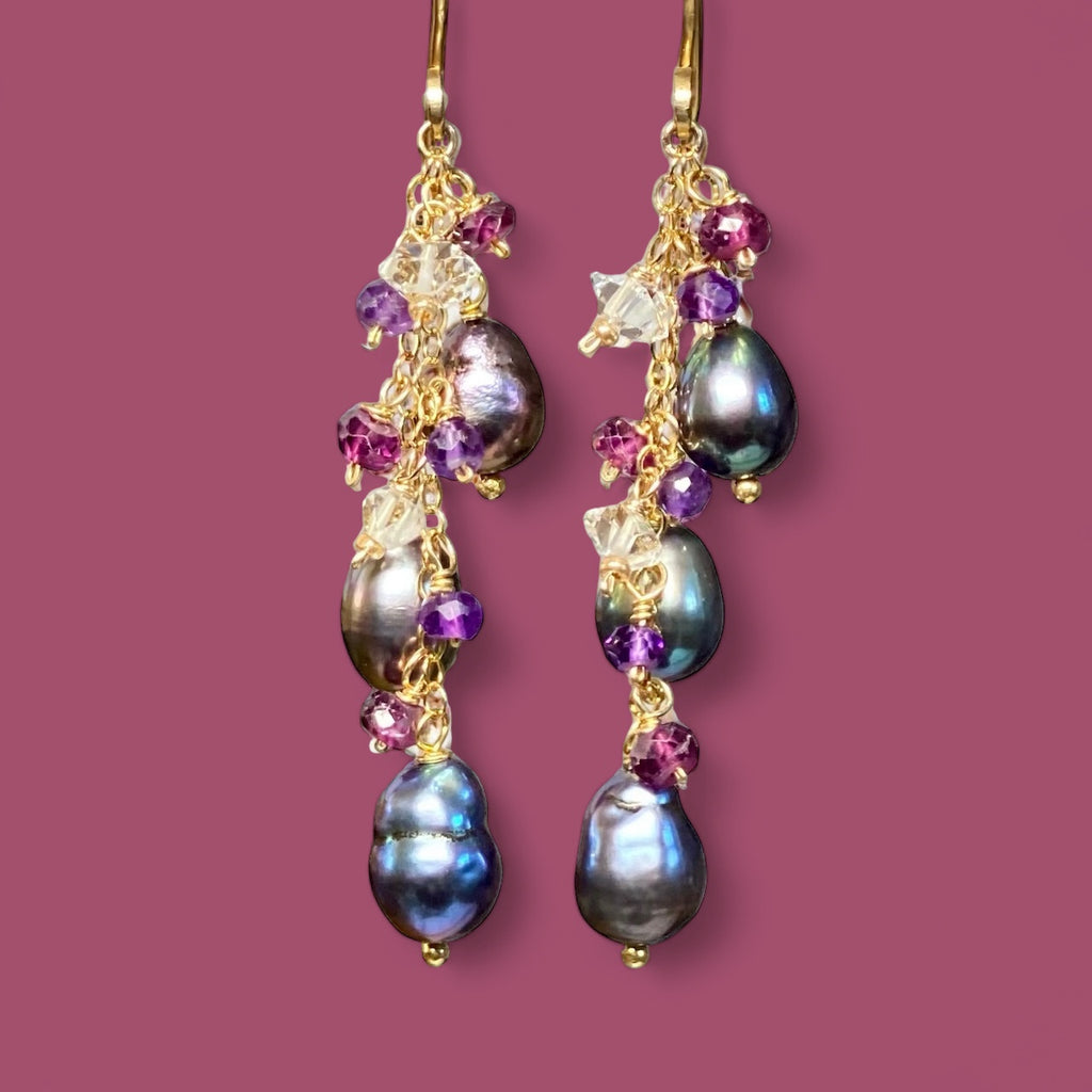 Peacock Edison Pearl Dainty Dangle Earrings with Amethyst, Garnet, Herkimer Diamonds