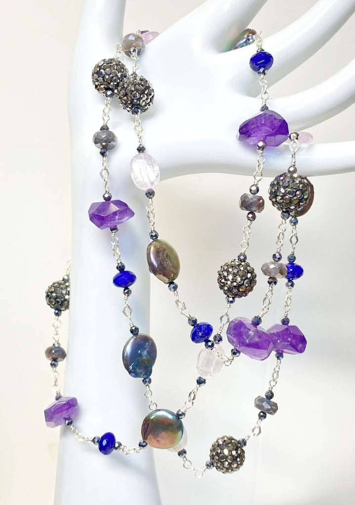 Long Blue Violet Necklace Amethyst Kunzite Coin Pearl Sterling Silver 2