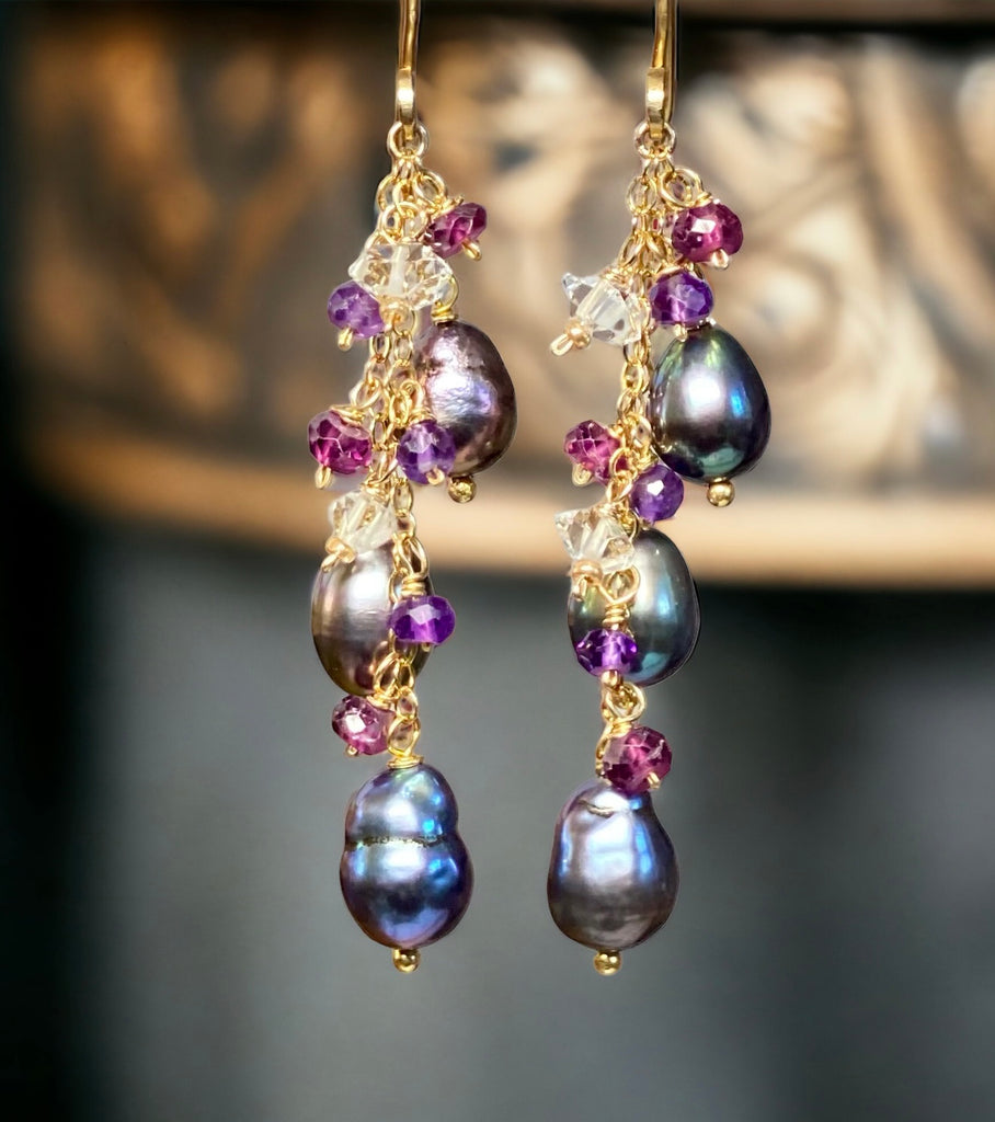 Peacock Edison Pearl Dainty Dangle Earrings with Amethyst, Garnet, Herkimer Diamonds