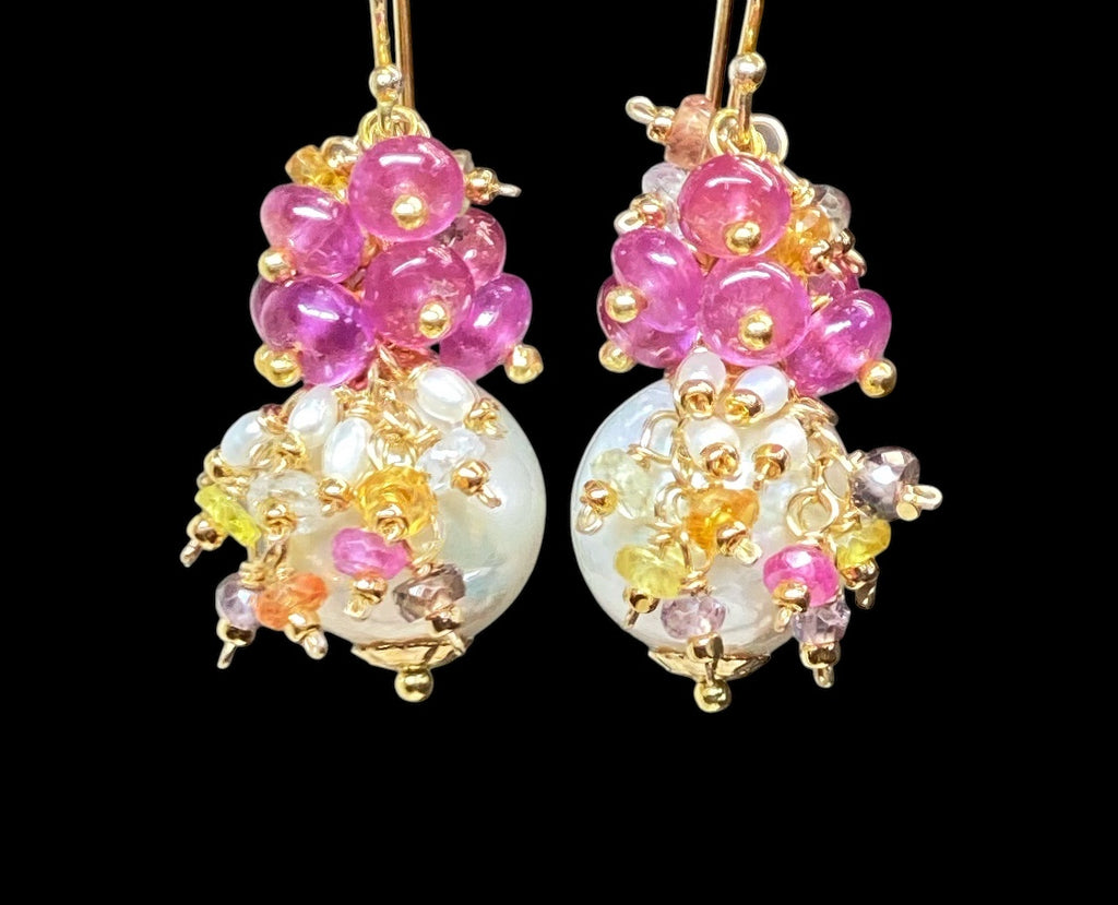 Pearl and Pink Sapphire Cluster Earrings Gold 3