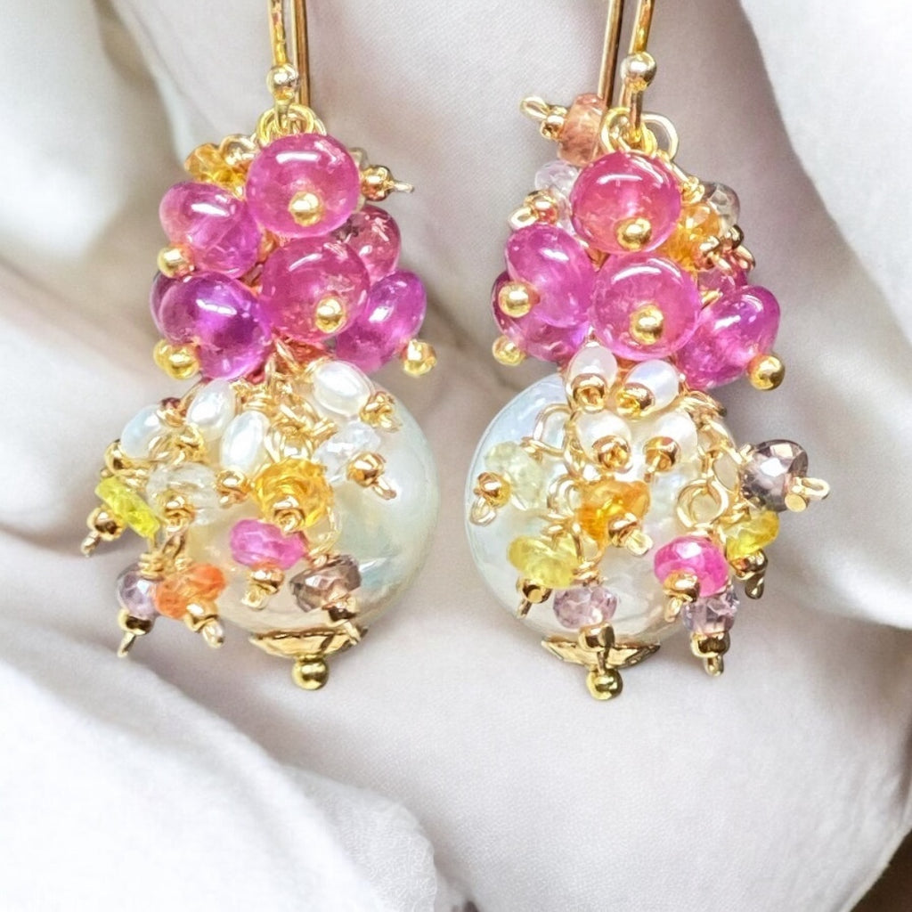 Pearl and Pink Sapphire Cluster Earrings Gold 3