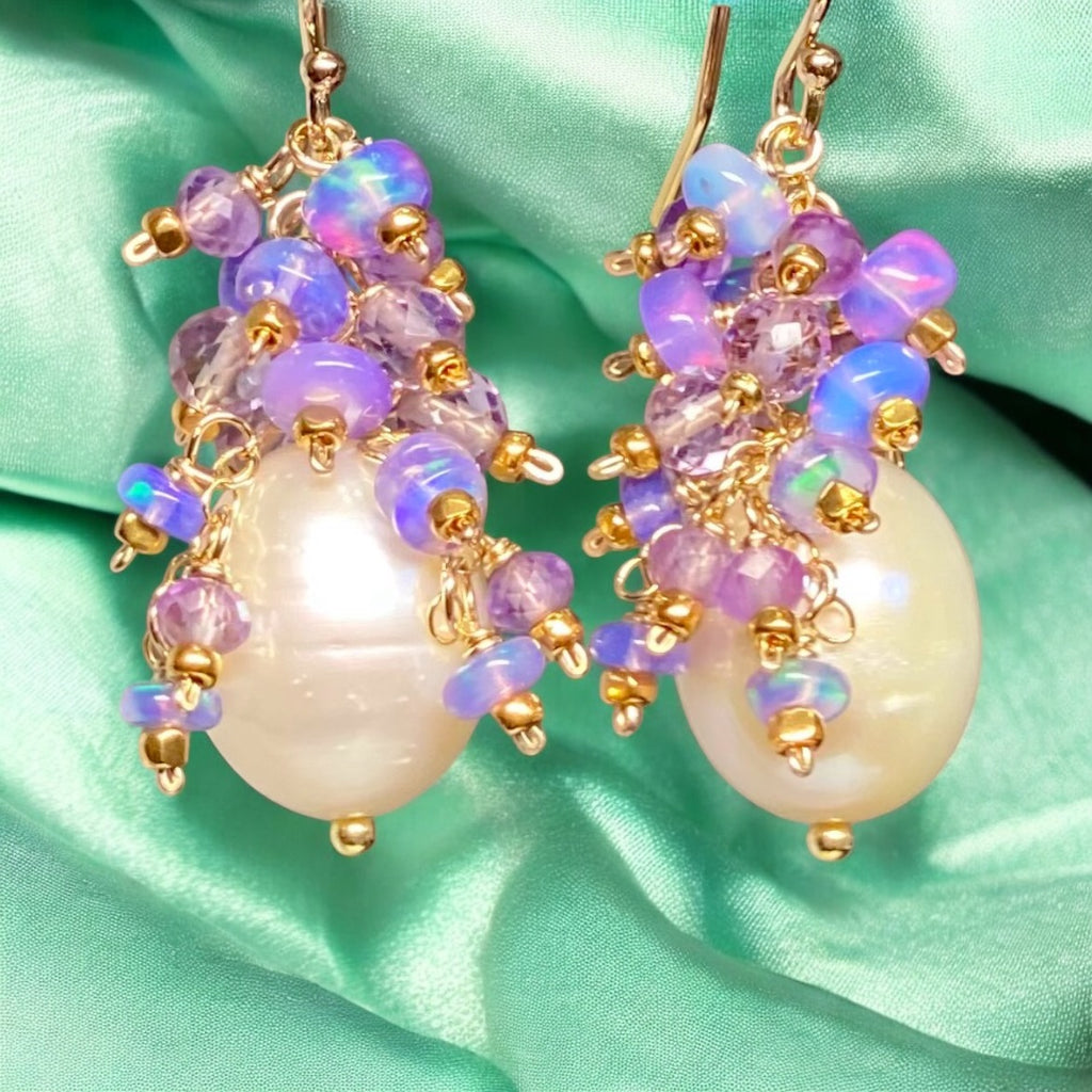 Lavender Blue Opal and Pearl Cluster Earrings, Gold Fill