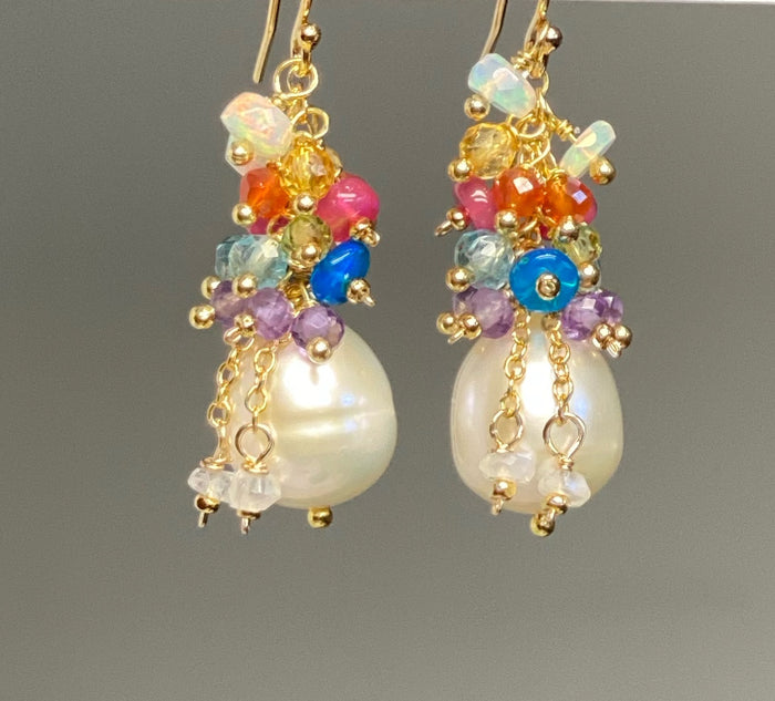 Pearl Earrings with Multi-color Opals and Gemstones in Gold Fill or Sterling Silver