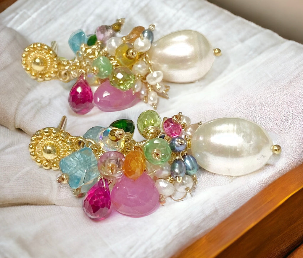 Colorful Gemstone Pearl Cluster Earrings Gold