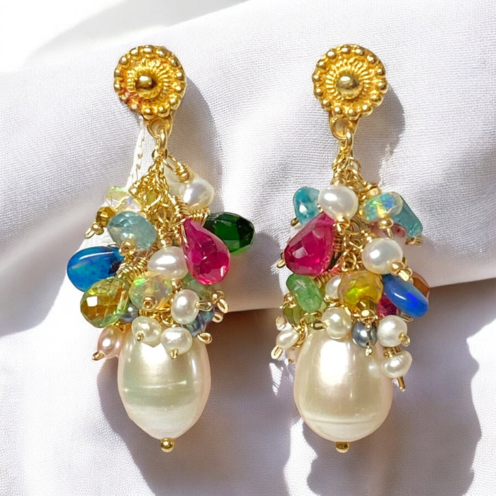 Colorful Gemstone Pearl Cluster Earrings Gold