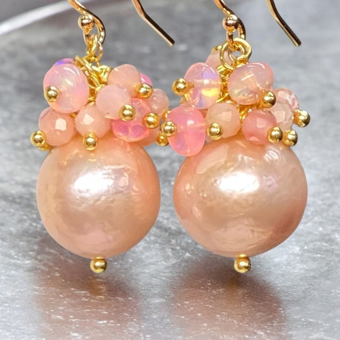 Pink Blush Pearl Pink Opal Cluster Earrings Gold Fill