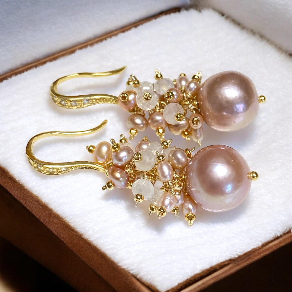 Blush Pink Edison Pearl Cluster Earrings Gold Fill