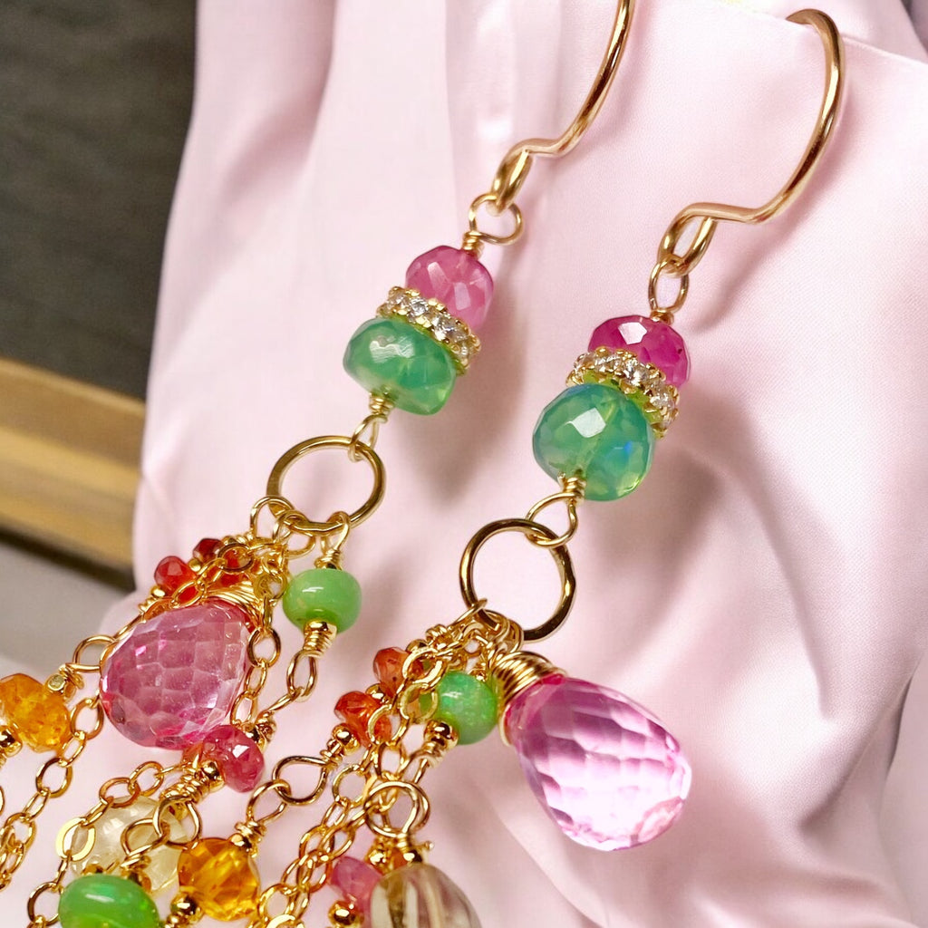 Pink Sapphire, Green Gemstone Gold Fill Long Dangle Earrings