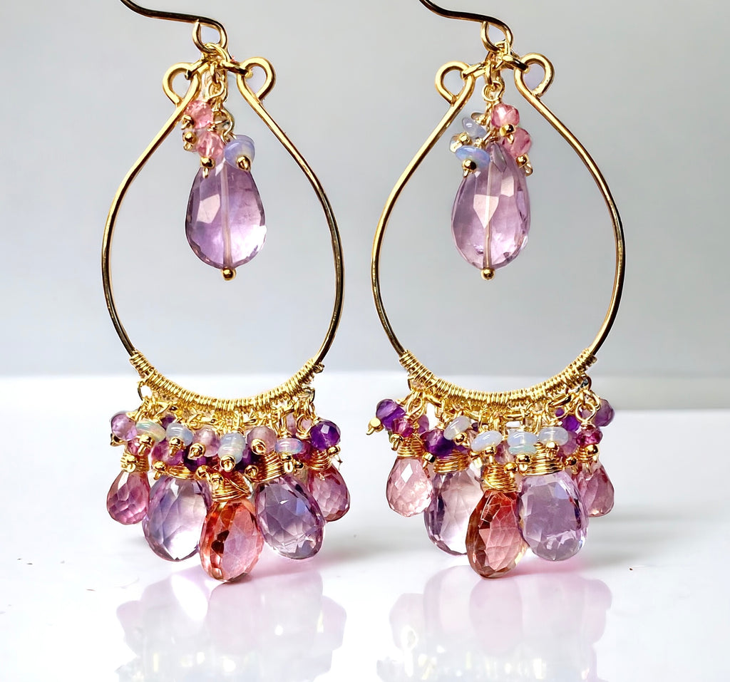 Gemstone Statement Chandelier Earrings in Pink, Lavender, Violet 2