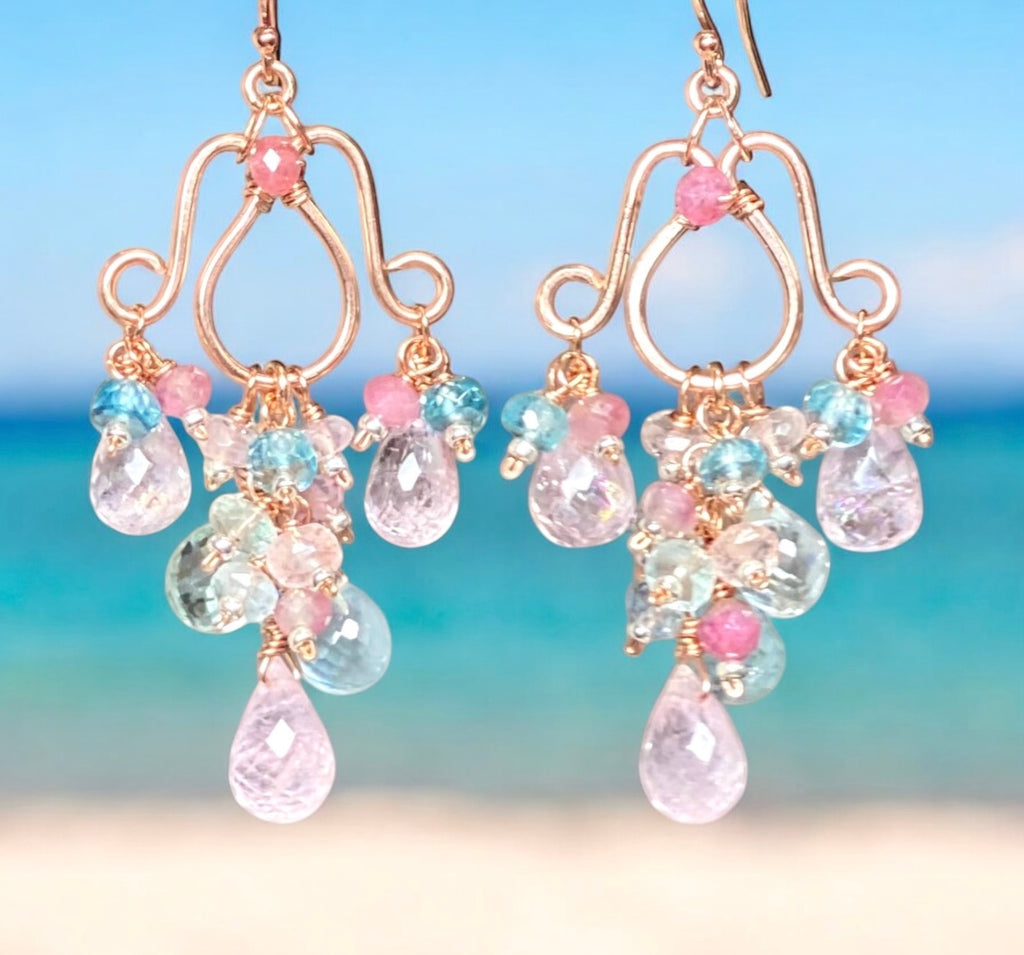 Aquamarine, Morganite Gemstone Chandelier Earrings in Rose Gold Fill