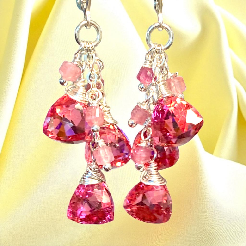 Pink Tourmaline and Quartz Dangle Earrings Sterling Silver