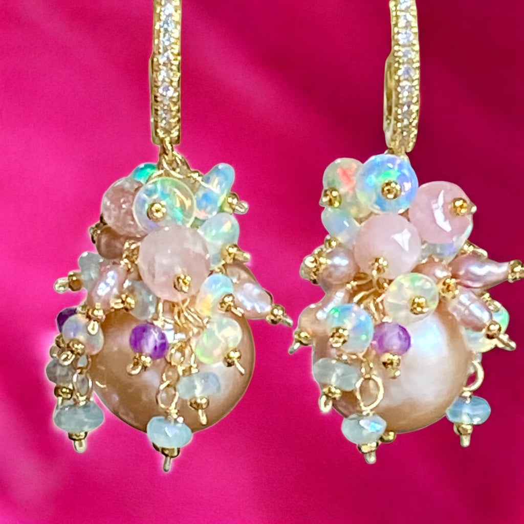 Pink Round Pearl and Gem Cluster Wedding Earrings with Tourmaline and Opals 2