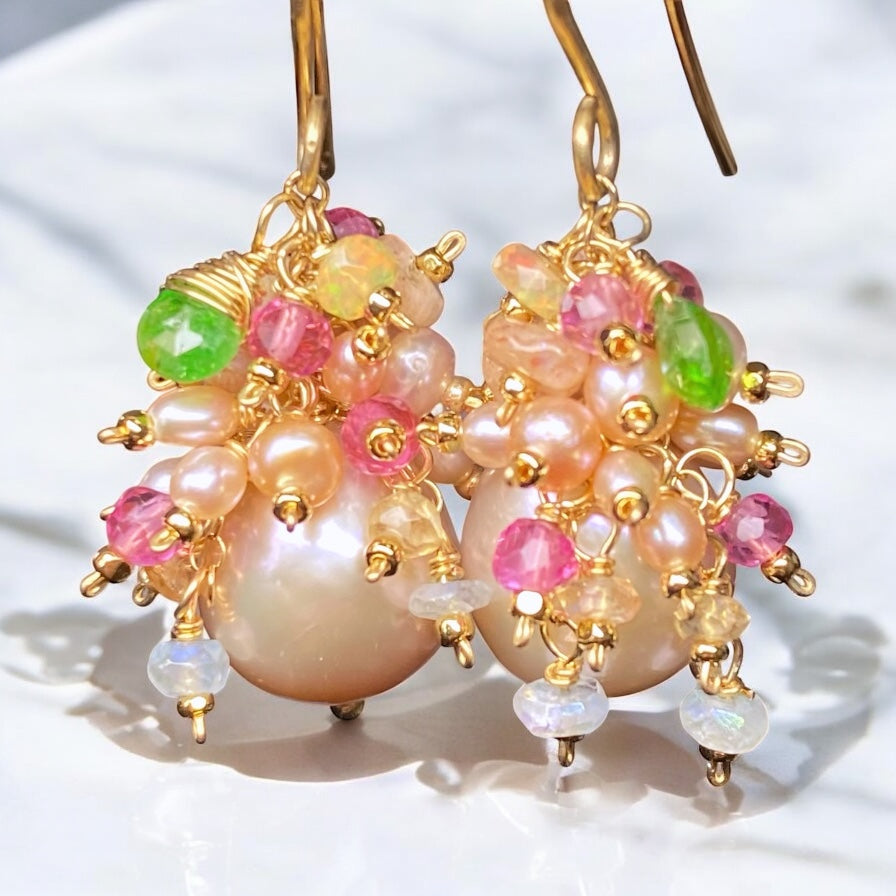 Pink Round Pearl and Gem Cluster Wedding Earrings with Tsavorite