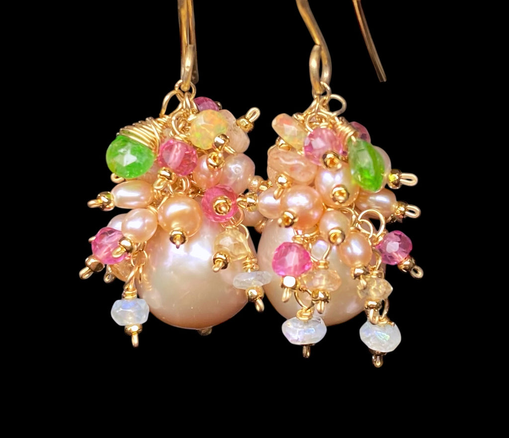 Pink Round Pearl and Gem Cluster Wedding Earrings with Tsavorite