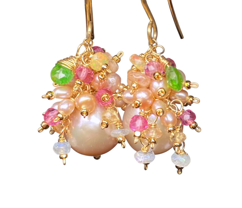 Pink Round Pearl and Gem Cluster Wedding Earrings with Tsavorite