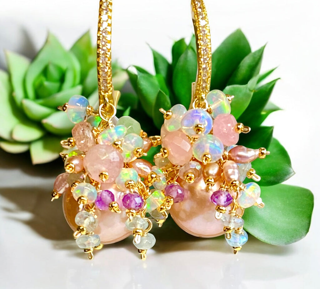 Pink Round Pearl and Gem Cluster Wedding Earrings with Tourmaline and Opals 2