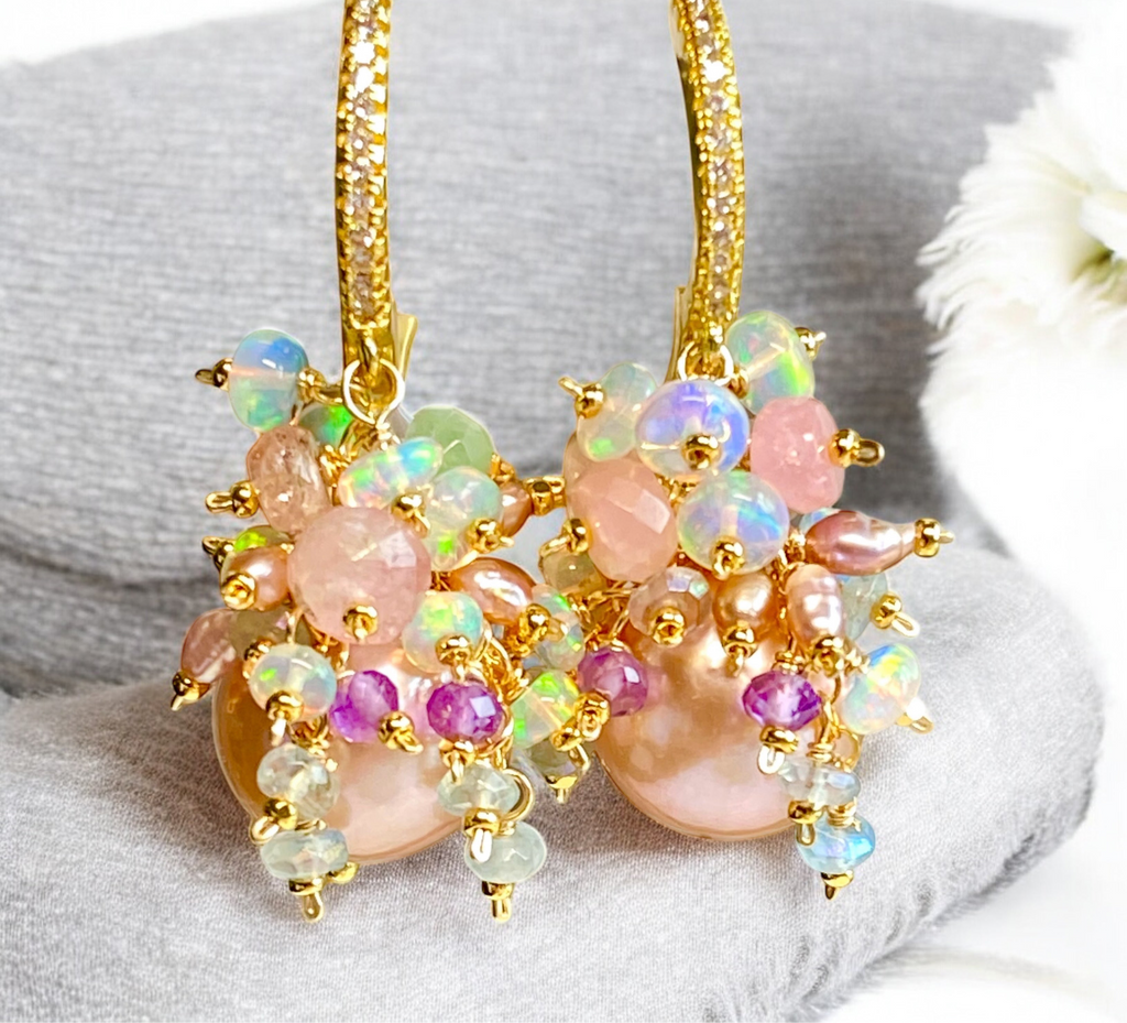 Pink Round Pearl and Gem Cluster Wedding Earrings with Tourmaline and Opals 2