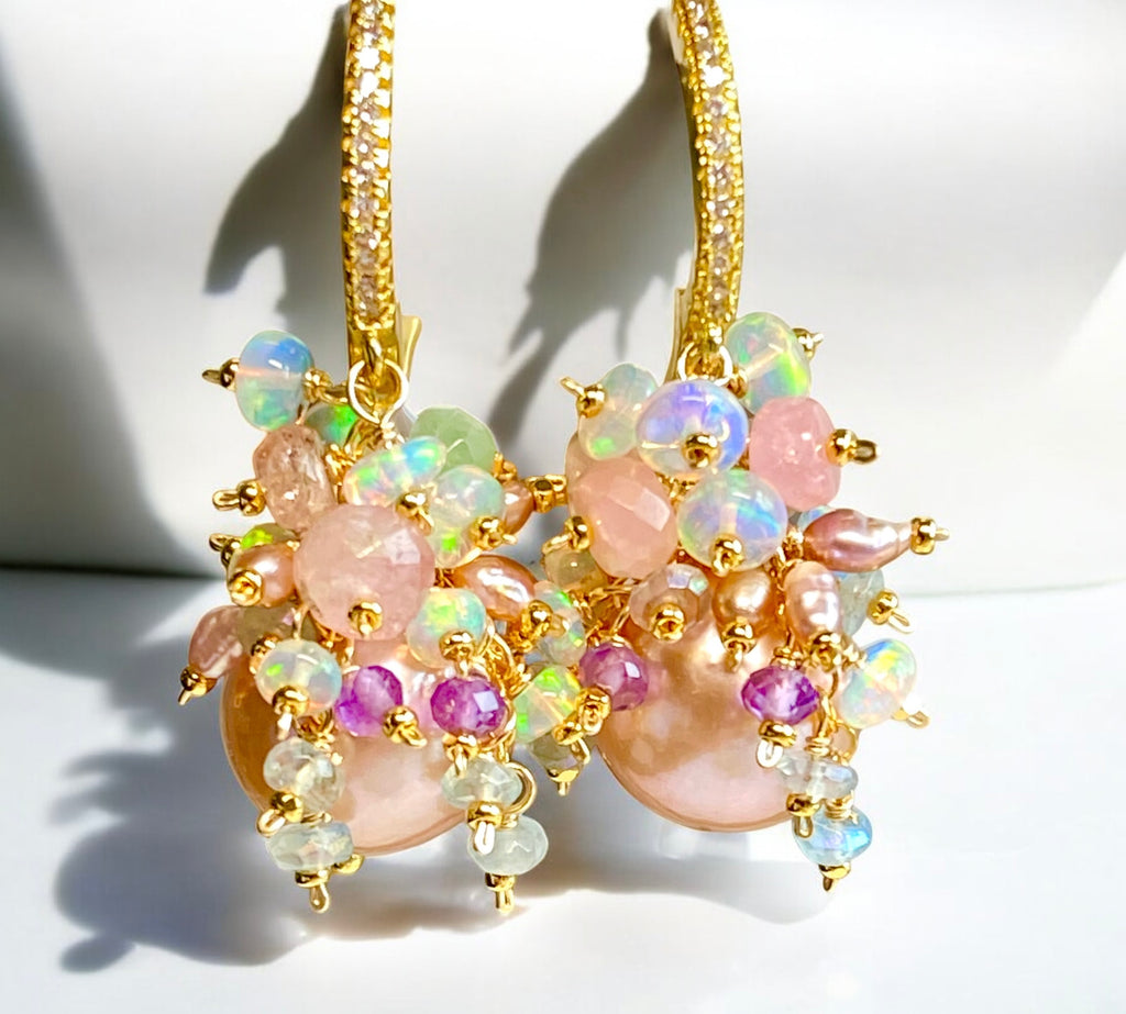 Pink Round Pearl and Gem Cluster Wedding Earrings with Tourmaline and Opals 2