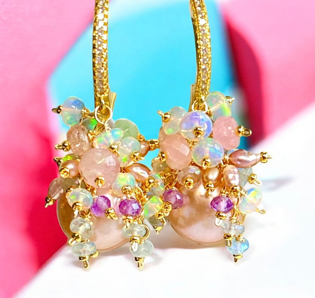 Pink Round Pearl and Gem Cluster Wedding Earrings with Tourmaline and Opals 2