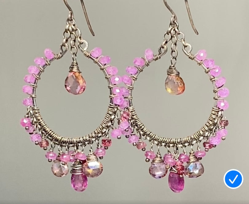 Pink Sapphire Chandelier Hoop Earrings in Oxidized Sterling Silver