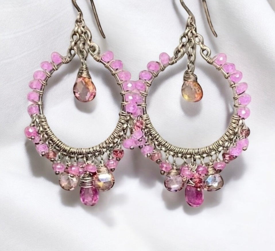 Pink Sapphire Chandelier Hoop Earrings in Oxidized Sterling Silver
