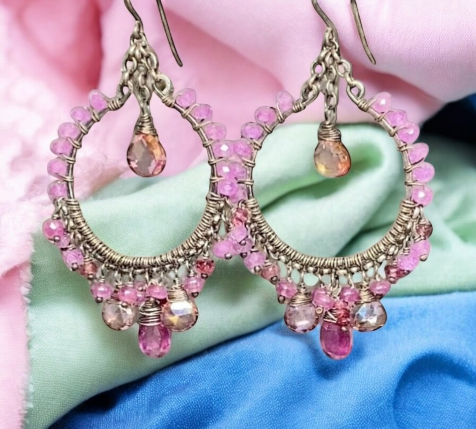 Pink Sapphire Chandelier Hoop Earrings in Oxidized Sterling Silver