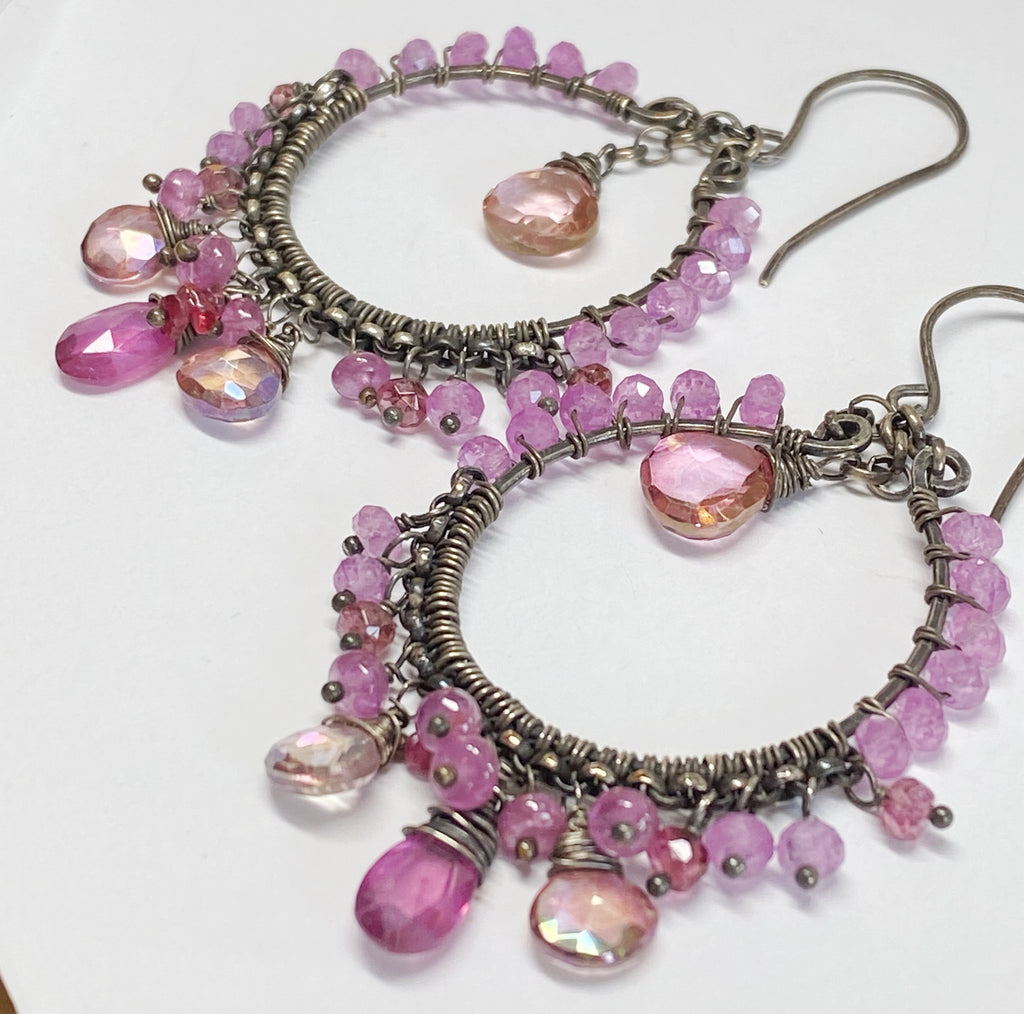 Pink Sapphire Chandelier Hoop Earrings in Oxidized Sterling Silver
