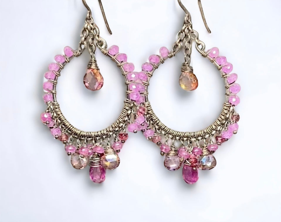 Pink Sapphire Chandelier Hoop Earrings in Oxidized Sterling Silver