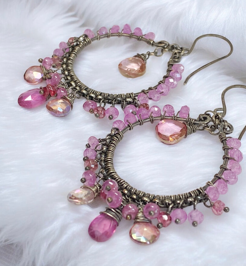 Pink Sapphire Chandelier Hoop Earrings in Oxidized Sterling Silver
