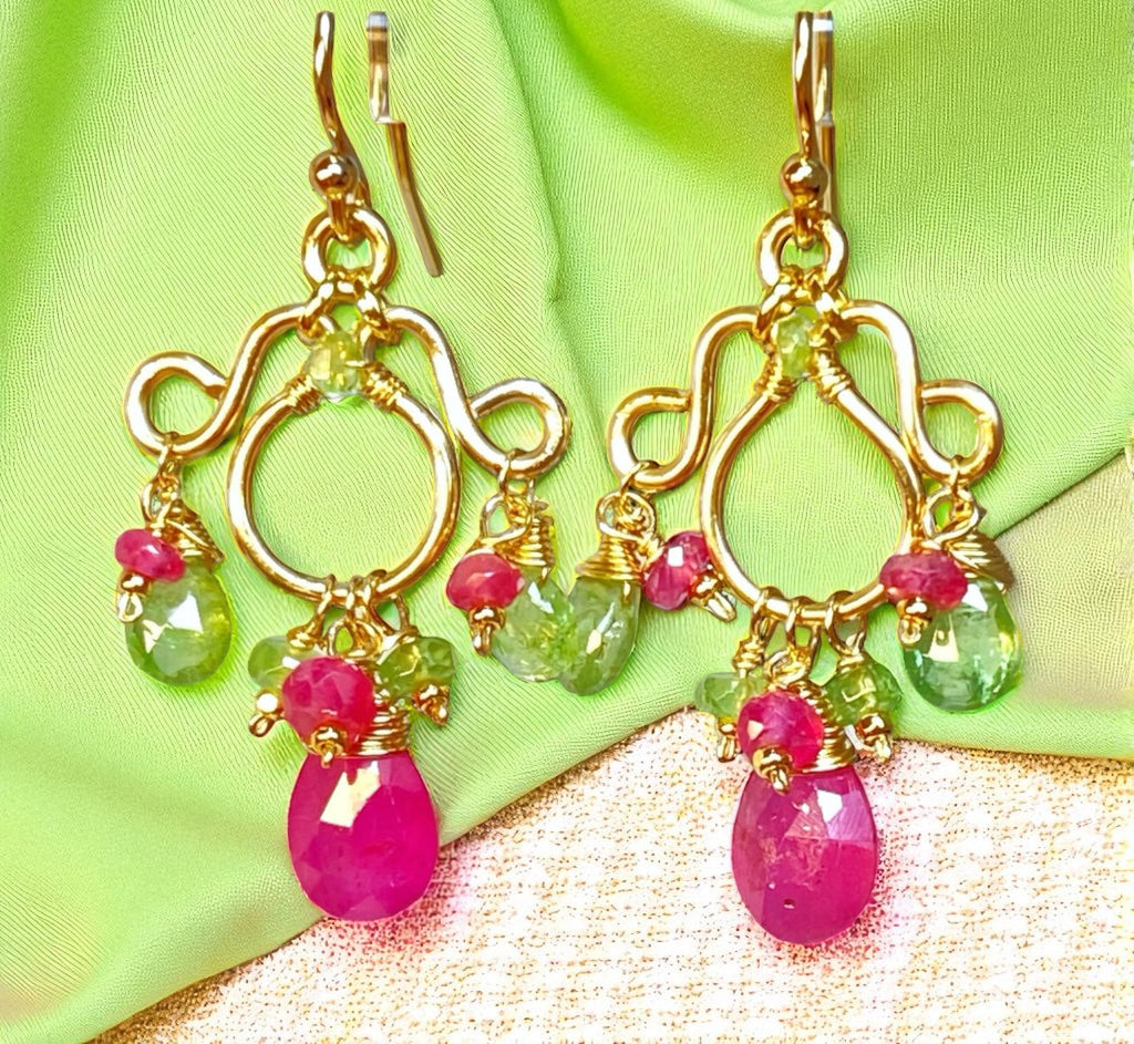 Tsavorite Garnet, Pink Sapphire Gold Fill Chandelier Earrings - Pink, Green Gemstones