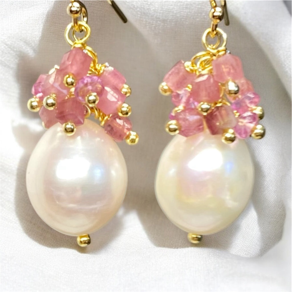 Pearl Cluster Earrings with Pink Tourmaline, Pink Topaz, Gold Fill or Sterling Silver