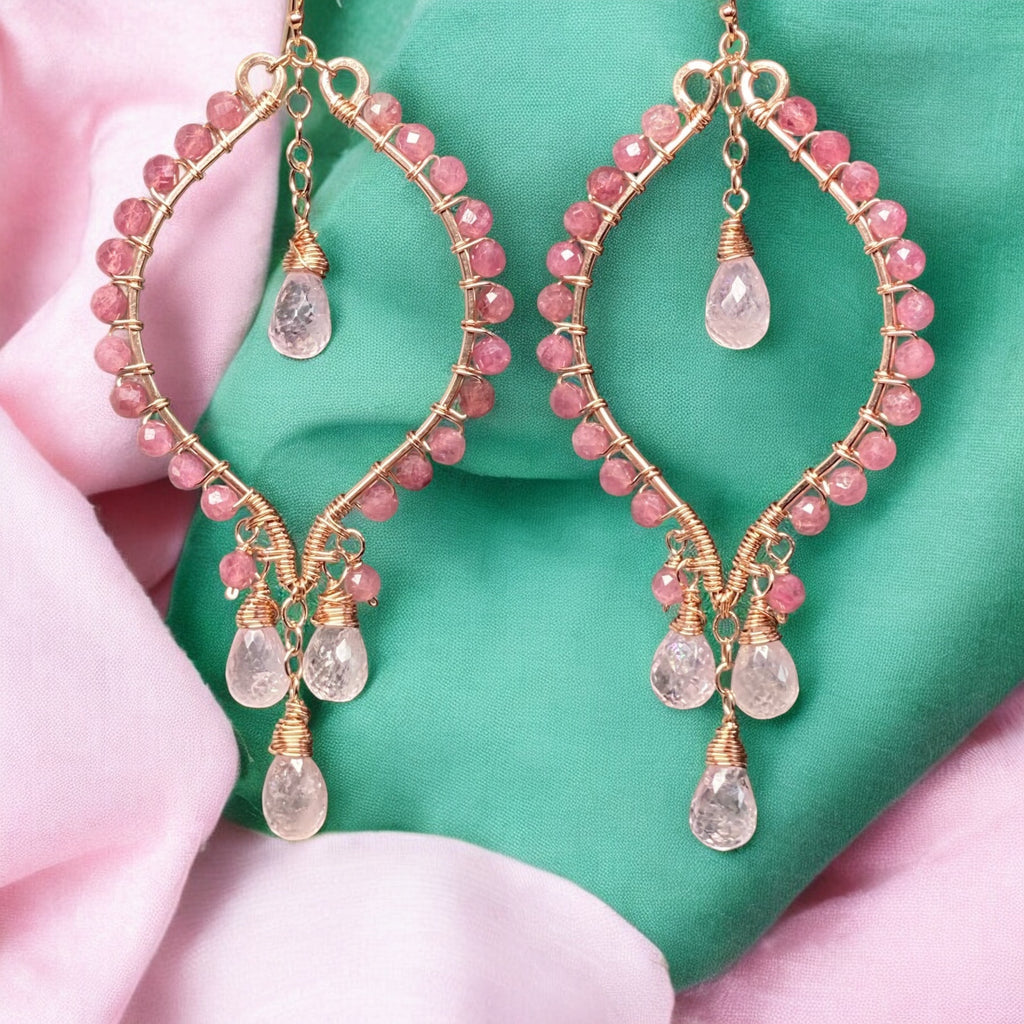 Pink Tourmaline and Morganite Rose Gold Hoop Chandelier Earrings