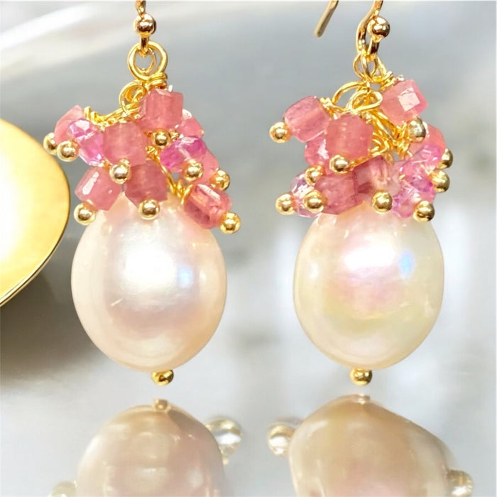 Pearl Cluster Earrings with Pink Tourmaline, Pink Topaz, Gold Fill or Sterling Silver