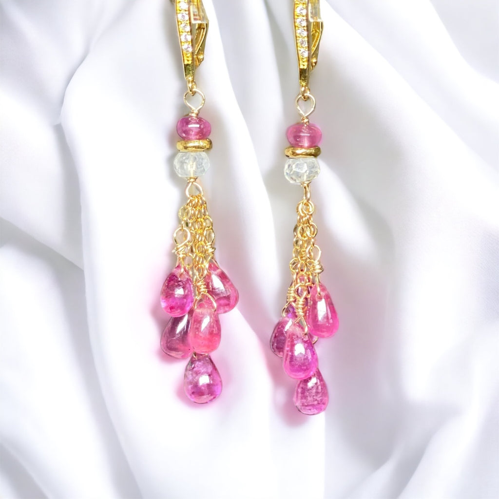 Pink Sapphire Tassel Earrings, Gold Fill