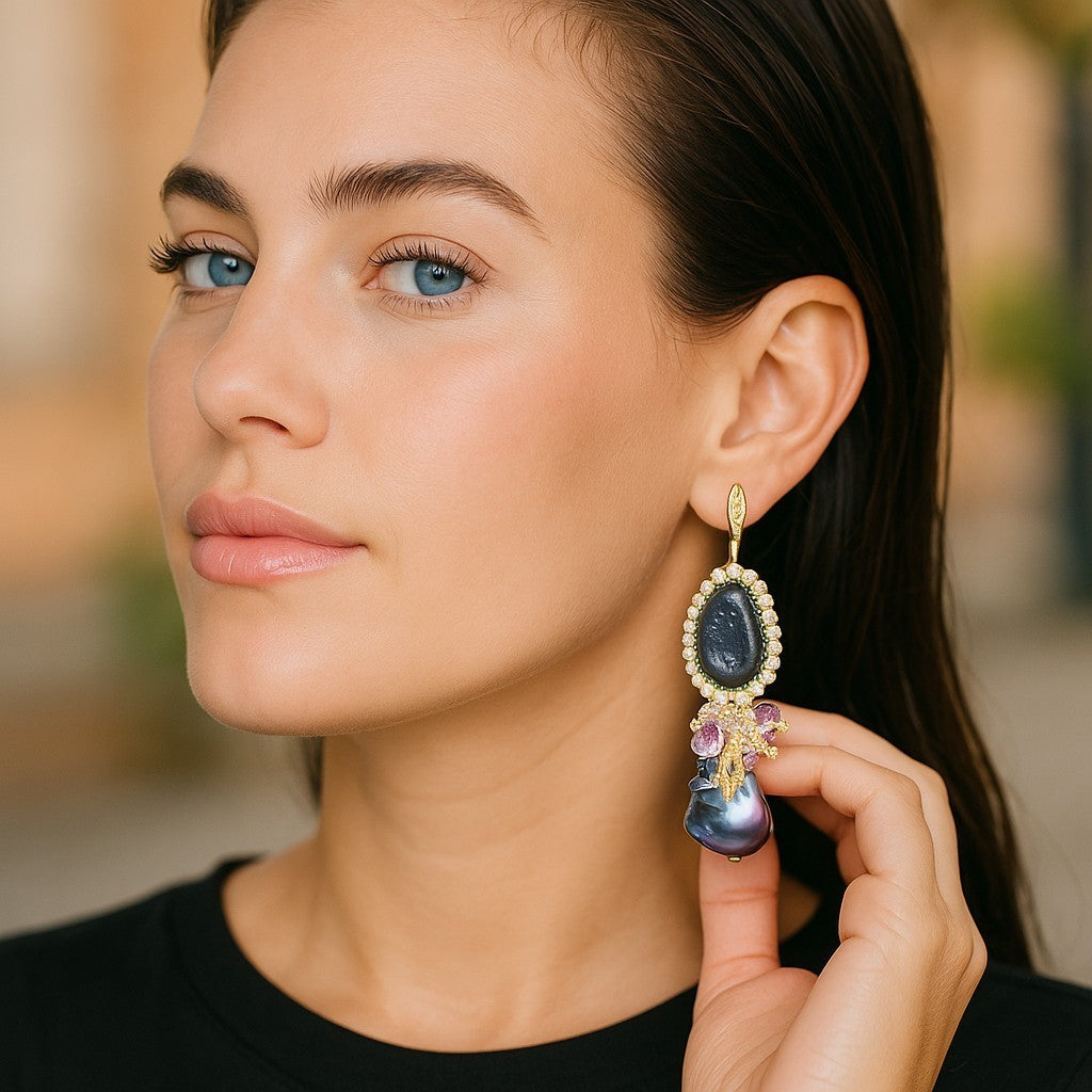 Plum Tabasco Geode and Pearl Dangle Earrings Diamond Look