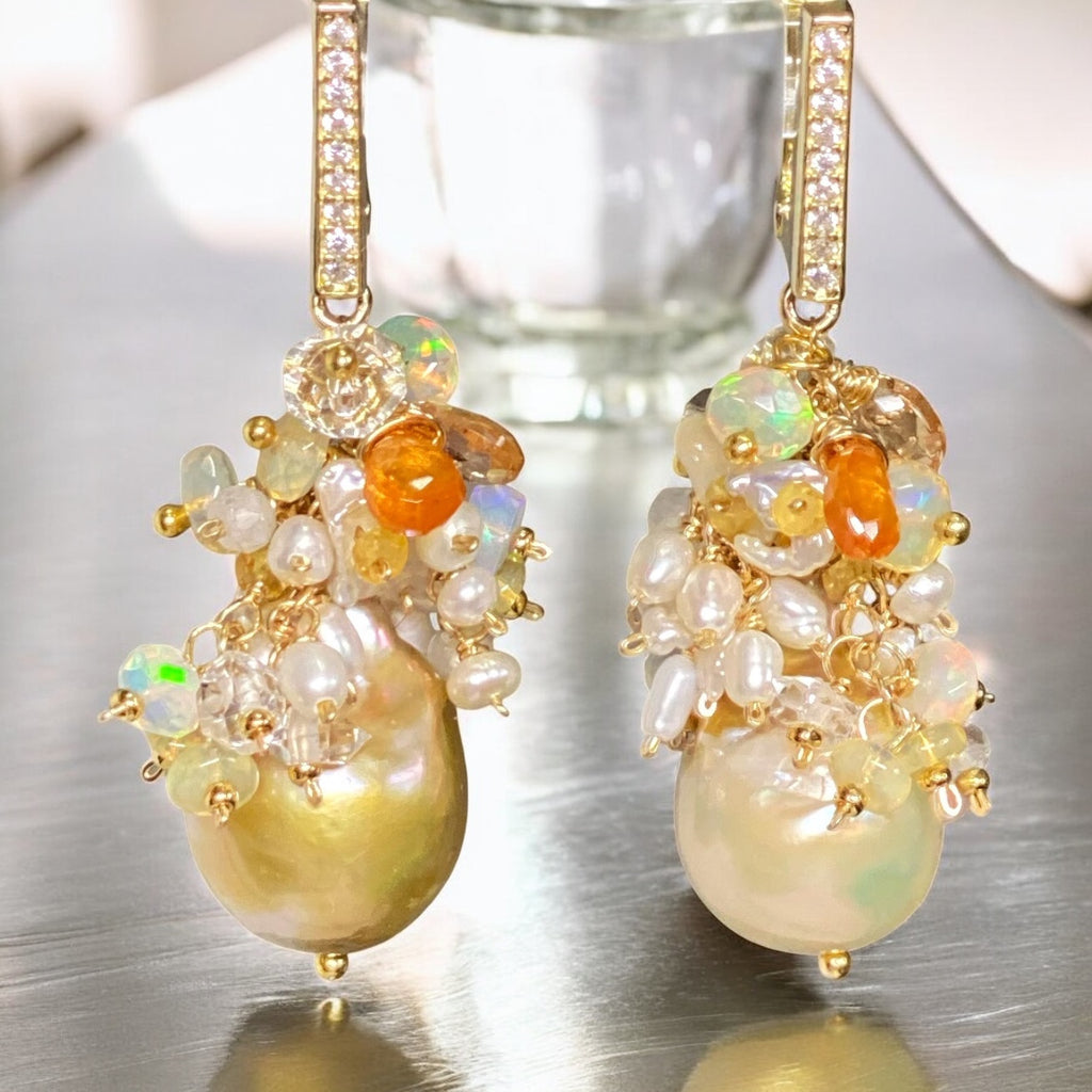 pond_slime_baroque_pearl_gemstone_cluster_earrings